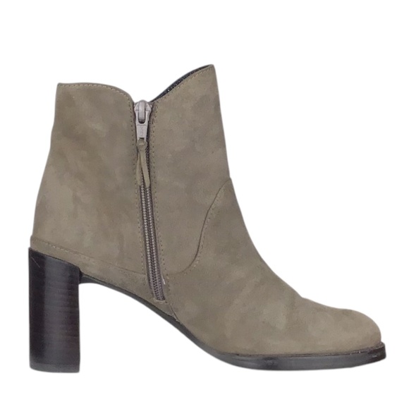 Stuart Weitzman Mcclean Suede Taupe Heeled Ankle Boot with Crescent Heel - Picture 4 of 16